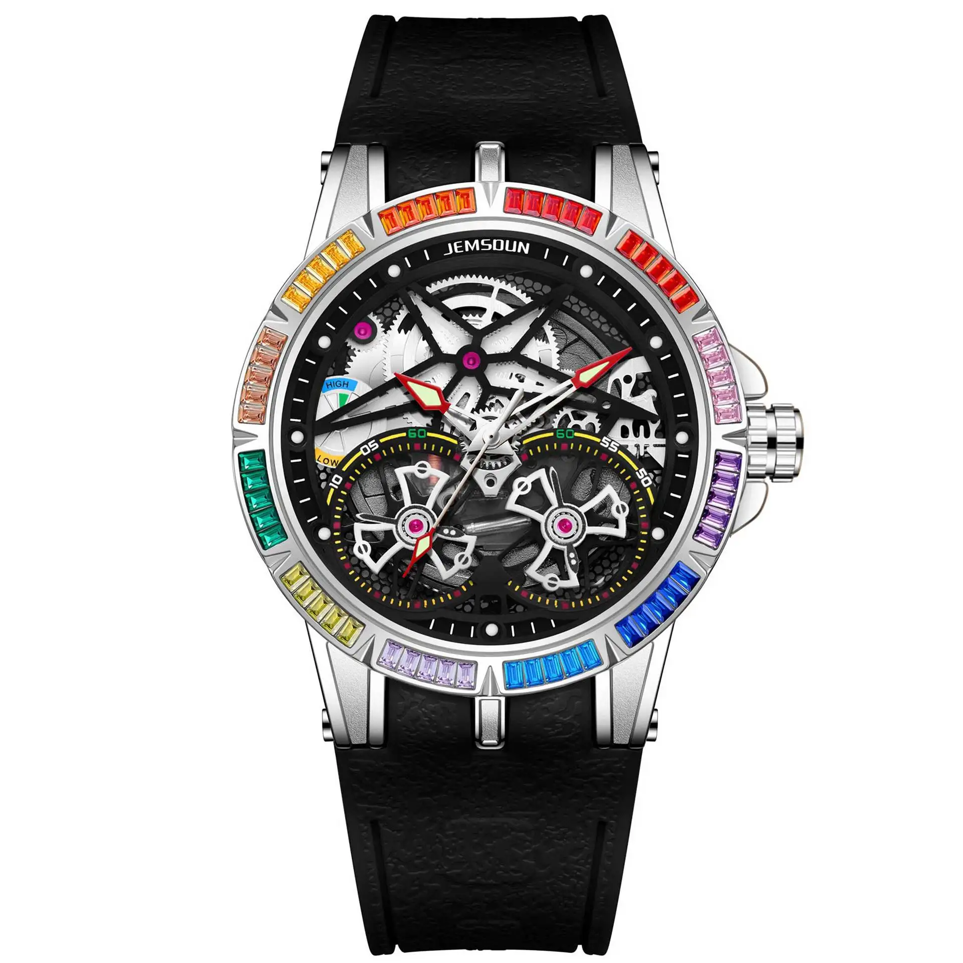 New imitation mechanical automatic hollow watch rainbow drill ring luminous waterproof sports men's watch
