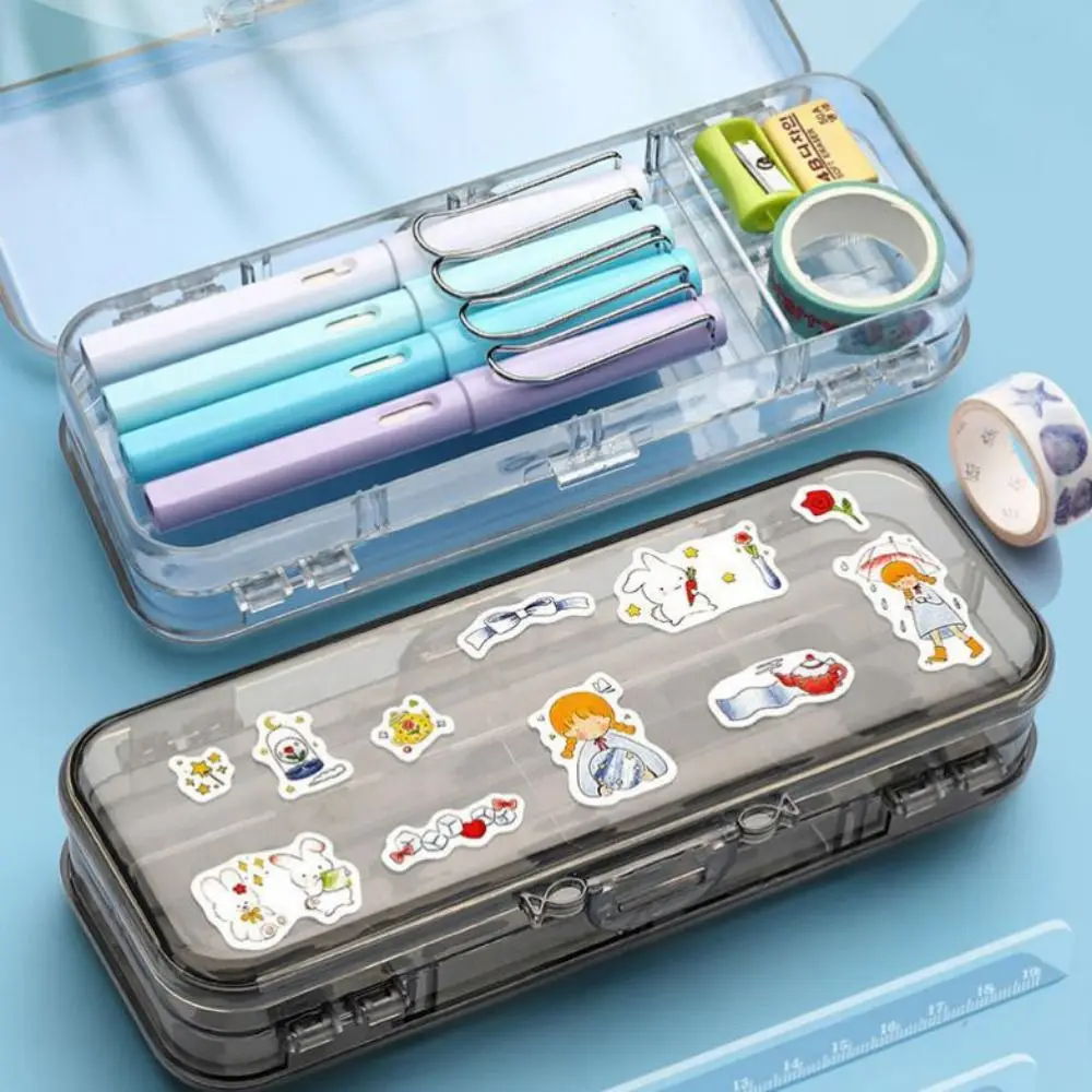 Large Capacity Transparent Pencil Case Plastic Space-Saving Stationery Storage Box with Rulers Stackable Sketch Pen Bag