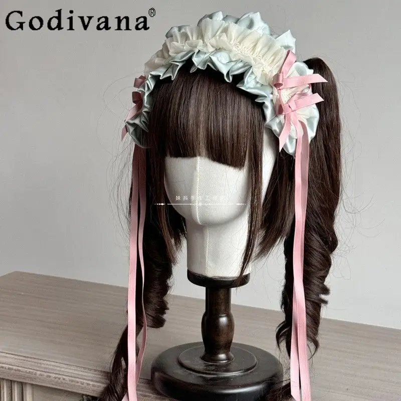 

Повязка для волос розового и зеленого цвета в стиле Лолиты, красивая девушка, милые аксессуары для волос в японском стиле, женские милые аксессуары для волос принцессы