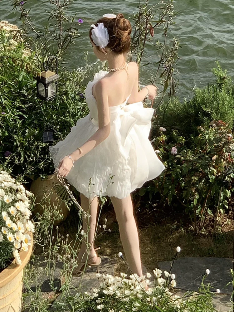 REDDACHiC Vestido tubo para mujer con lazo desmontable cinturón de diamante blanco con cordones sin espalda Mini vestido de princesa vestido tutú para fiesta de cumpleaños