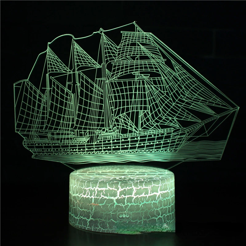 Retro Ancient Sailing Sea Boat Ship LED Lamp Chinese Style 7 Color Changing 3D Illusion Night Light USB Home Decor Kids Gift