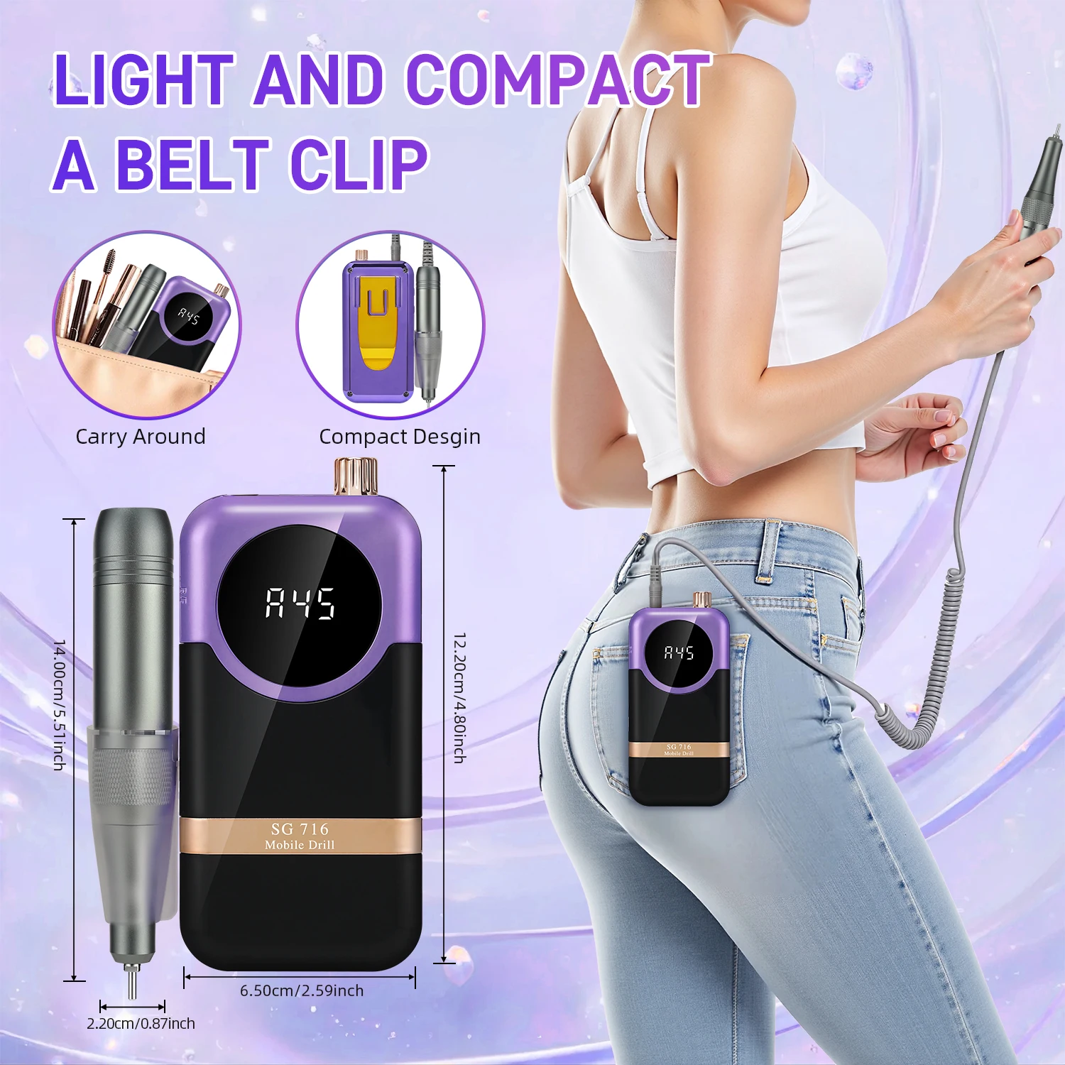 Lima per unghie elettrica 45000 giri/min Lucidatrice per unghie professionale Lima per levigatrice per unghie ricaricabile a basso rumore per salone di manicure