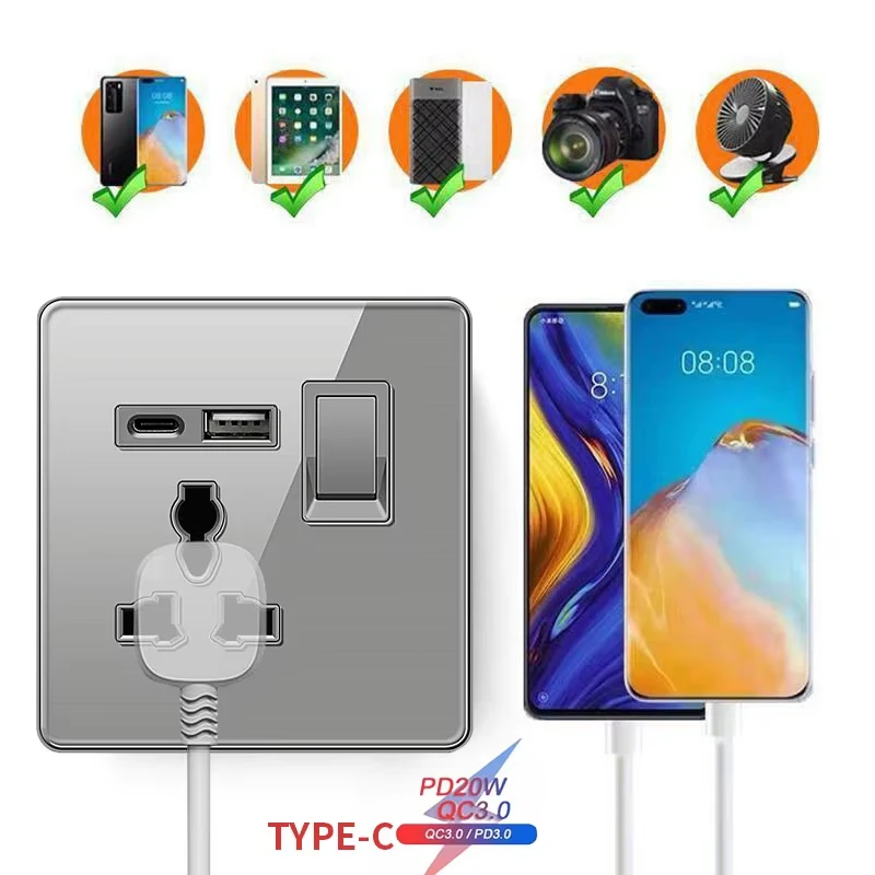 ELEGAN UK Socket Grey 16A/20A/45A Full Glass Wall Switch USB type-c Tempered Crystal Panel Electrical Outlet Home Improvement