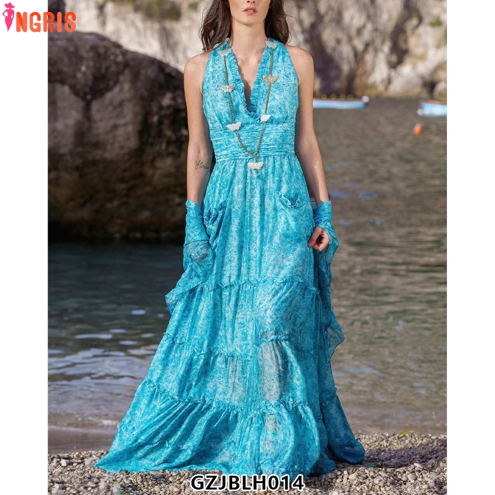 

Plus Size Bohemian Dress Summer Women Floral Print Long Sleeveless Dress Casual Maxi Bohemian Dress-GZJBLH014