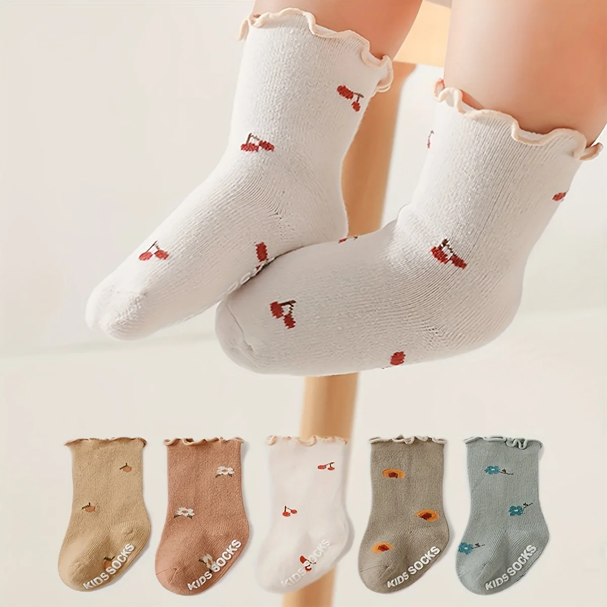 5 Pairs Newborn Baby Socks for 0-3years Kid Soft Lace Princess Children's Socks Cotton Cherry Print Girls Socks Baby Accessories