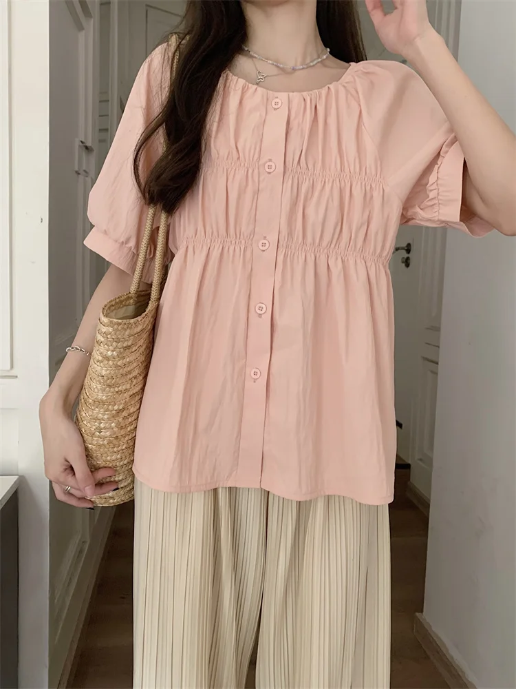 L-4XL Plus Size Chiffon Blouse Women Summer 2025 Short Sleeve Slim Waist Large Size Loose Tops Blouse Casual Lady Top Femme