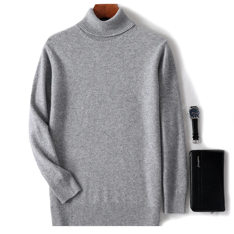 Autumn and winter new 100% pure merino wool pullover men\'s high-necked cashmere sweater thick warm loose solid color coat.