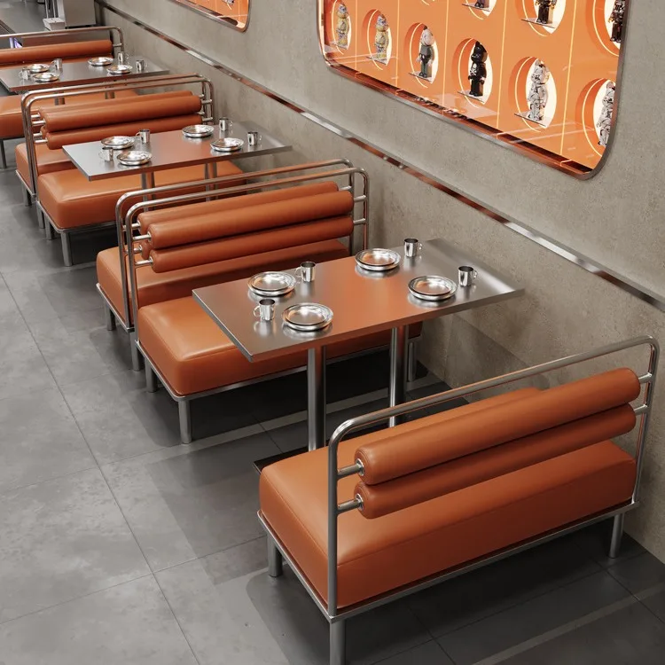 

Industrial Style PU Leather Booth Seating For Restaurant Stainless Steel Restaurant Tables And Chairs Cafe Bench Furniture Sets