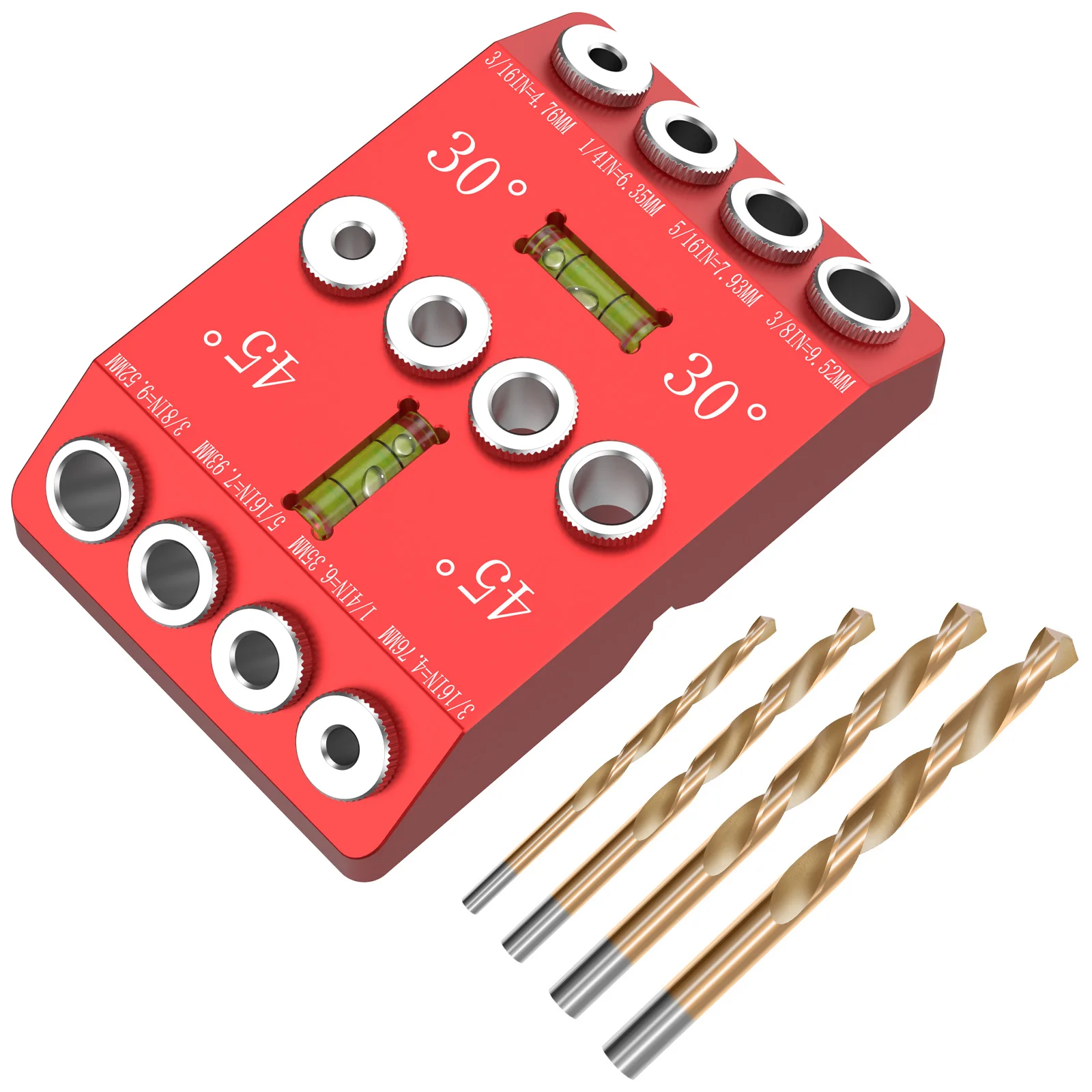 

30/45/90 Degree Angle Drill Guide Jig Aluminium Alloy Alloy Angled and Straight Hole Drill Jig with 4 Bits for Woodworking Decks