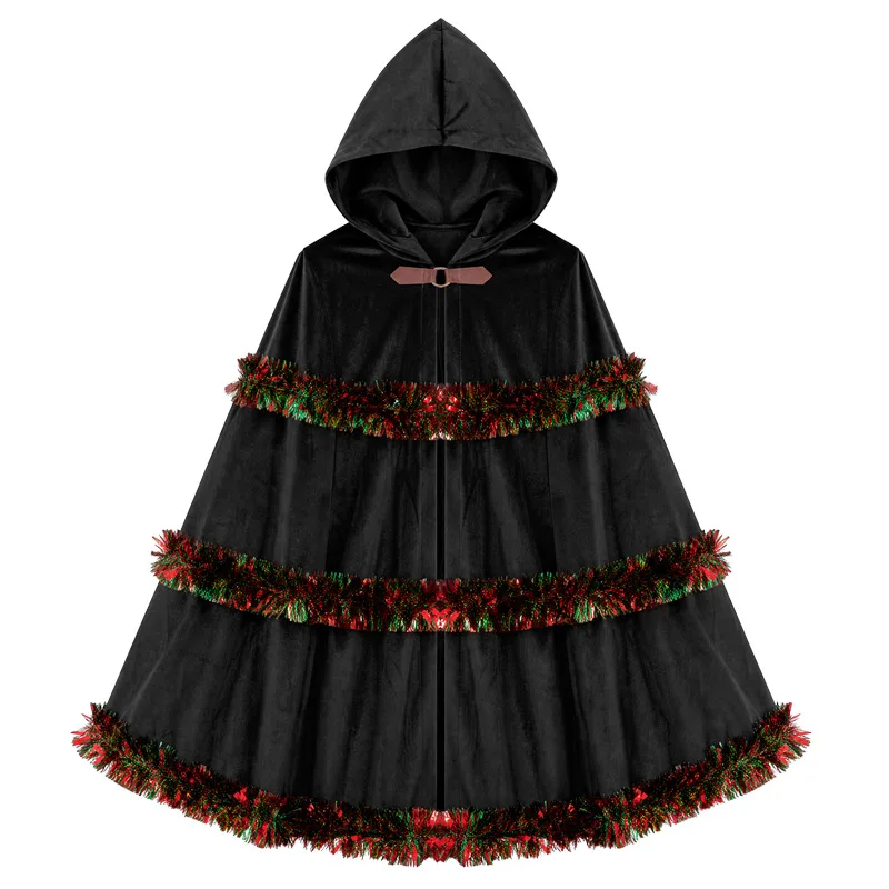 Women Christmas Hooded Velvet Cape Dark Blue Xmas Tinsel Trim Cloak Holiday Party Cosplay Fancy Dress Costume view 4