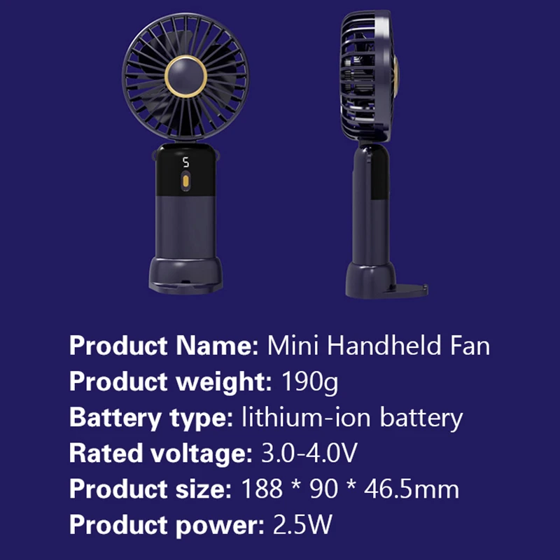 Ventola portatile personale silenziosa Mini ventola portatile ricarica USB ventola di raffreddamento pieghevole con Display digitale e cordino