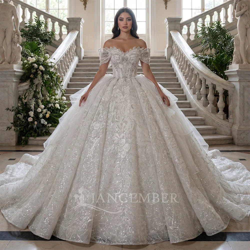 

Beaded Wedding Dress 2026 Short Sleeve Lace Princess Bride Ball Gown Customized SwanSarah Plus Size Vestido De Novia MN240
