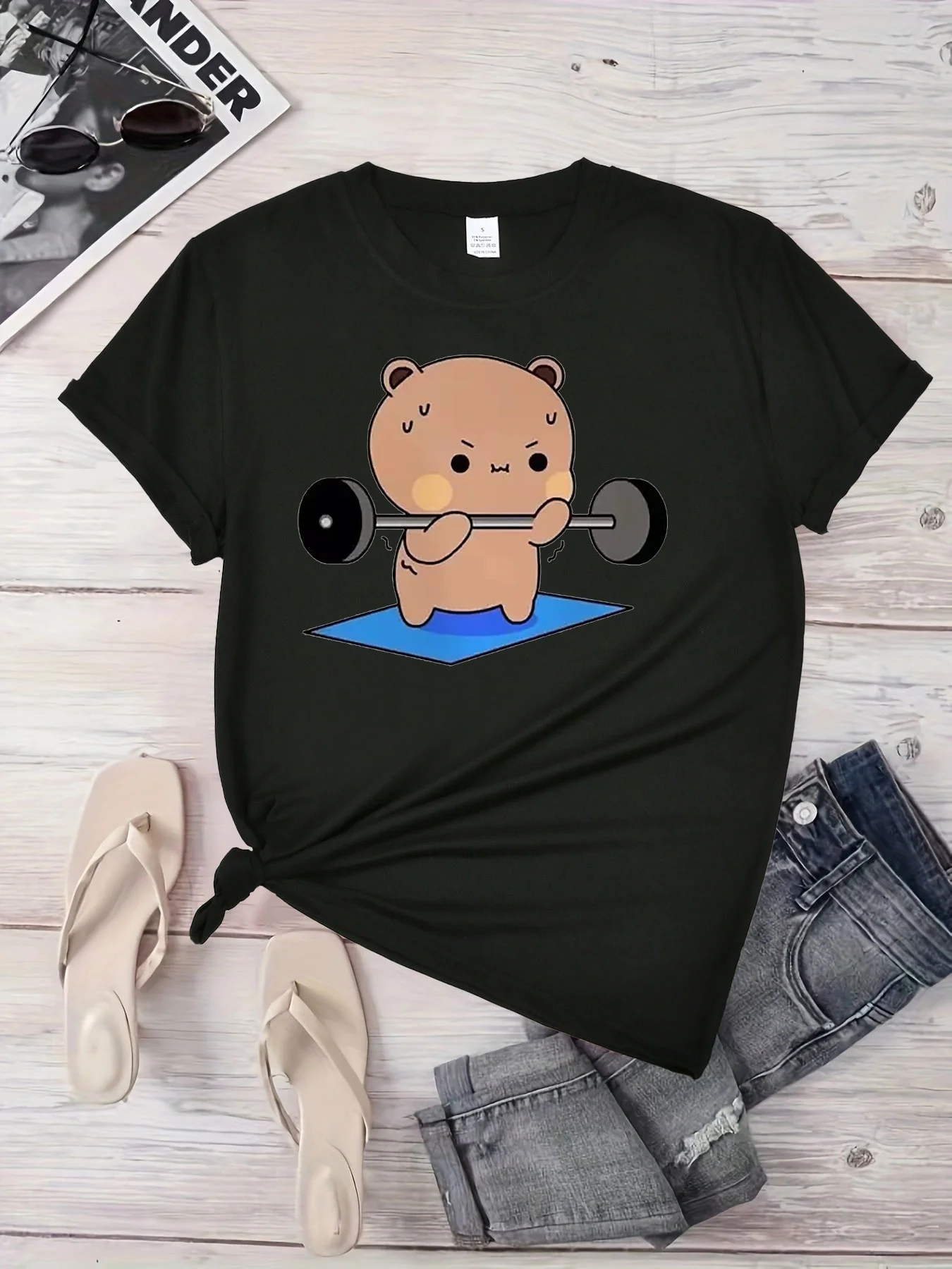 

Cute Bear Print Graphic Short Sleeves Causal Sports T-shirt Stylish Round Neck Workout Running Tops Women's Activewear