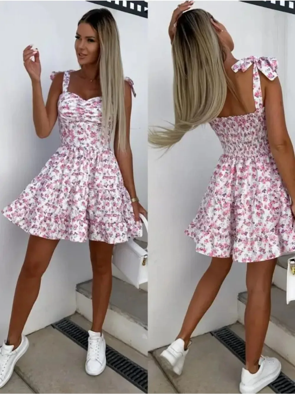 

Summer Fashion Short Boho Dress Women Mini Floral Print Dress Female Sleeveless Hanging Belt Printed Waist Folded Dress