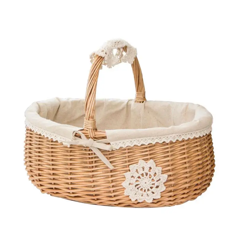 Rattan Picnic Basket Seaweed Wicker Rattan Hanging Flower Hand Woven Serving Basket With Handle Picnic Fruit Flower Basket