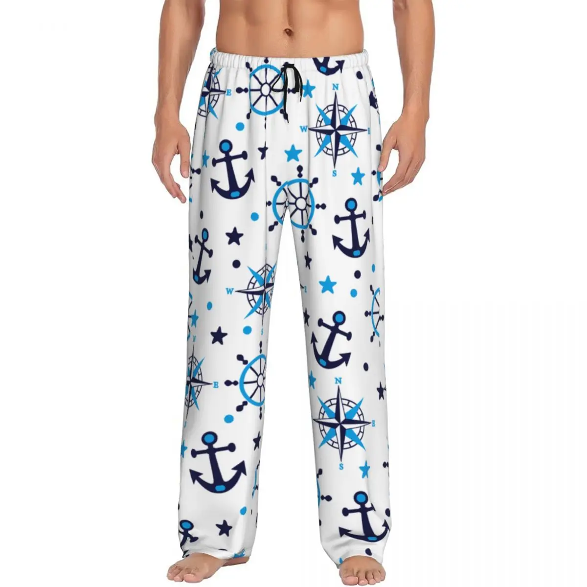 Blue Sea Anchor Pajama Pants Sleepwear for Men Elastic Waistband Sleep Lounge Bottoms with Pockets