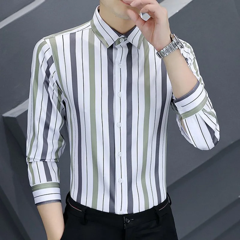 Fashion Lapel Button All-match Printed Striped Shirts Men's Clothing 2023 Spring Summer New Oversized Casual Tops Korean Shirt