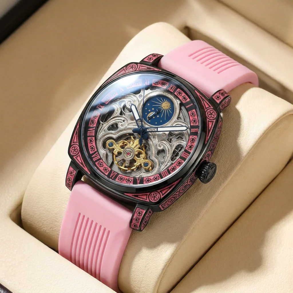 1 Stück Herrenuhr mit Rosa Zifferblatt und Silikonarmband Vintage Mode Skelett-Design Luxuriöse Details Mechanische Uhr für Business Party Urlaub
