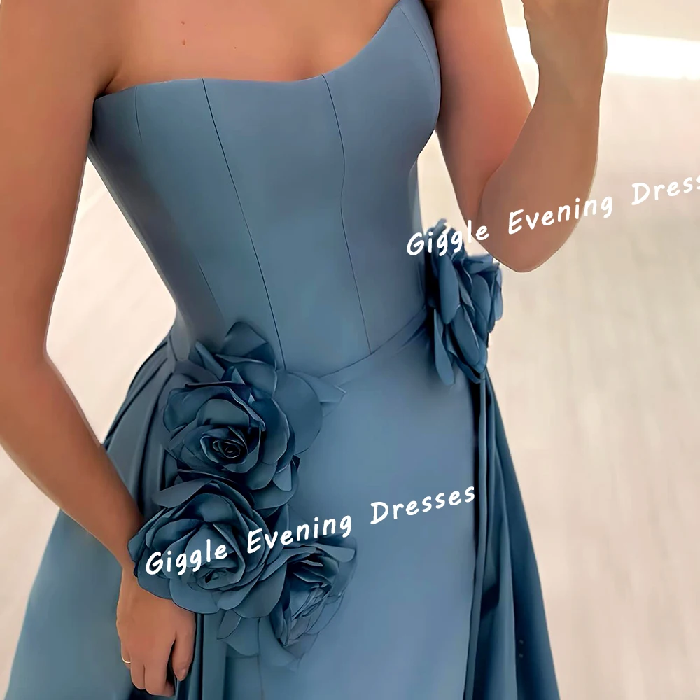 Giggle Satin Strapless Flowers A-Line Customized  Prom Gown Saudi Arab Summer Floor-Length Evening Party Dresses for Women 2024