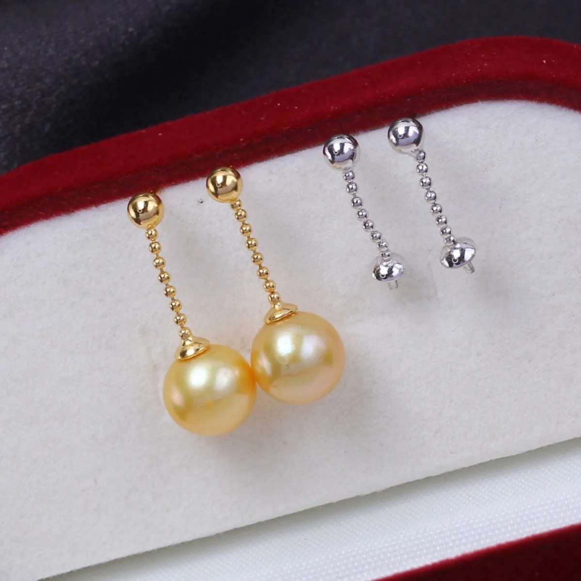 S925 Sterling Silver Minimalist Short Gold Bean Chain Dot‑Bead Threader Earring Blank Setting DIY Pearl Jewelry Making Supplies