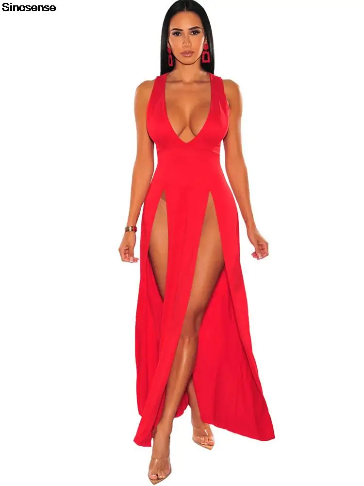 Sexy Deep V Neck High Split Bodycon Cocktail Party Maxi Dress Women Formal Evening Dress Solid Red Summer Long Club Dress