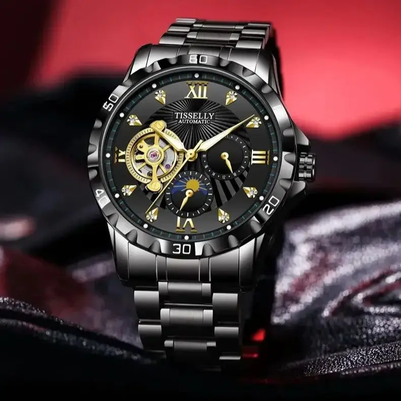 Gold Automatic Mechanical Wristwatches Watches for Men Waterproof Diamond Roman reloj automático de hombre