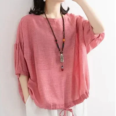

NICE Loose Casual Batwing Sleeve Crew Neck T-Shirt Women's Drawstring Hem Mid-Sleeve Overhead Summer Top Polyester Fiber