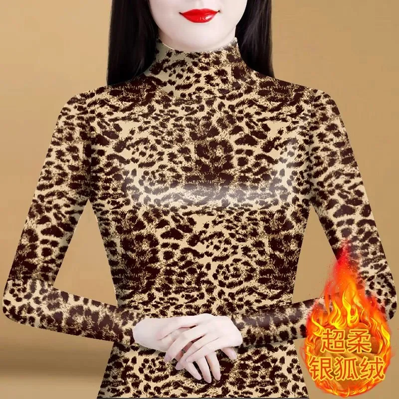 

Half Turtleneck Plus Velvet Thickened Base Shirt for Women Leopard Print Long-sleeved Slim Fit Top