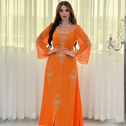 Polyester muslimische Abaya für Frauen Sommer elegant orange blau rosa grün muslimische Frauen Langarm V-Ausschnitt Polyester lange Abaya