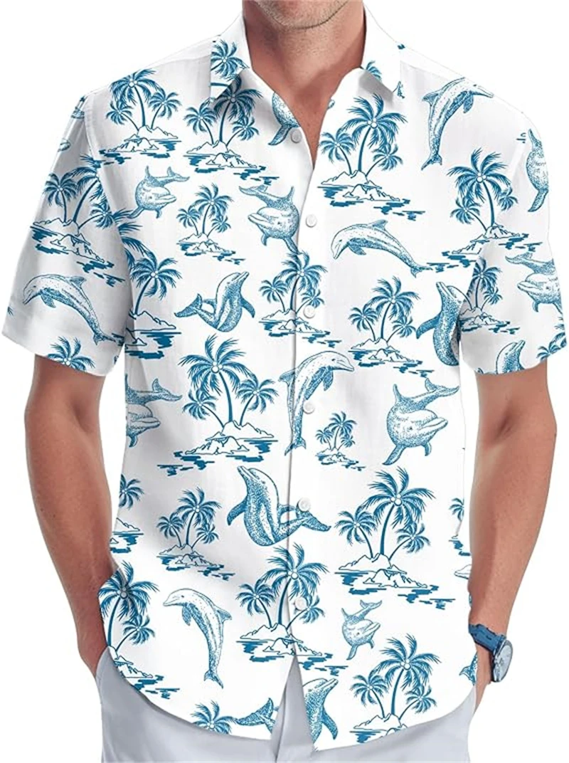

Мужская повседневная модная рубашка оверсайз с 3D-принтом морских животных, гавайская рубашка с воротником-стойкой на пуговицах, с коротким рукавом, мужская одежда