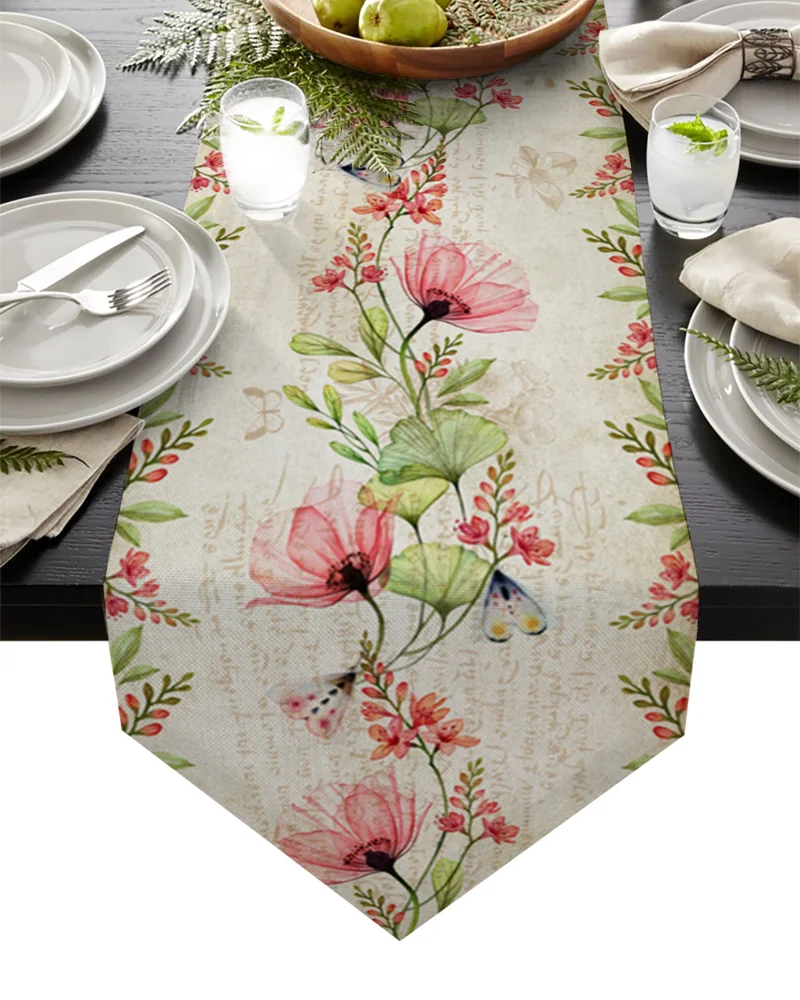 Flower Butterfly Plant Print Vintage Coffee Table Table Runner Wedding Birthday Party Decoration Table Tablecloth Placemat