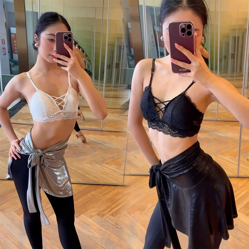

2025 Womens Latin Dance Practice Costume Adult Lace Backless Bra Shiny Hip Towel Skirt Latin Dancing Performance Set VBH1421
