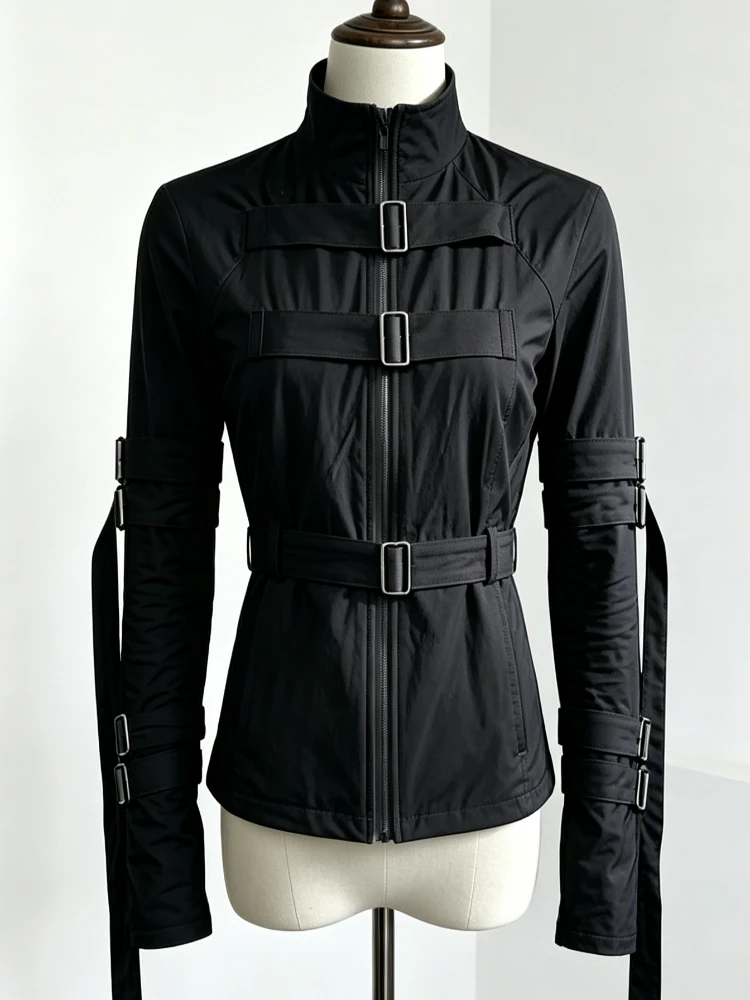 Y2K Retro Stand Collar Buckle Strap Jacket High Street Slim Fit Long Sleeve Outerwear Punk Bandage Wear Overcoat Fashion New