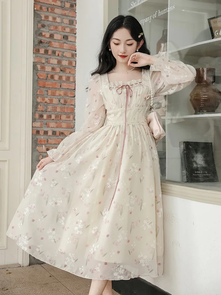 

Romantic Lady Fairycore Dress Woman Vintage Sweet Bow Print Lace Petal Sleeve Romantic Princess Dresses Faldas Vestido Festa