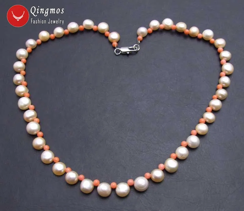 Qingmos Natural FW Pink Pearl Necklace with 7-8mm Flat Round Side Drilled & 3-4mm Pink Coral Necklace 17'' Chokers Jewelry