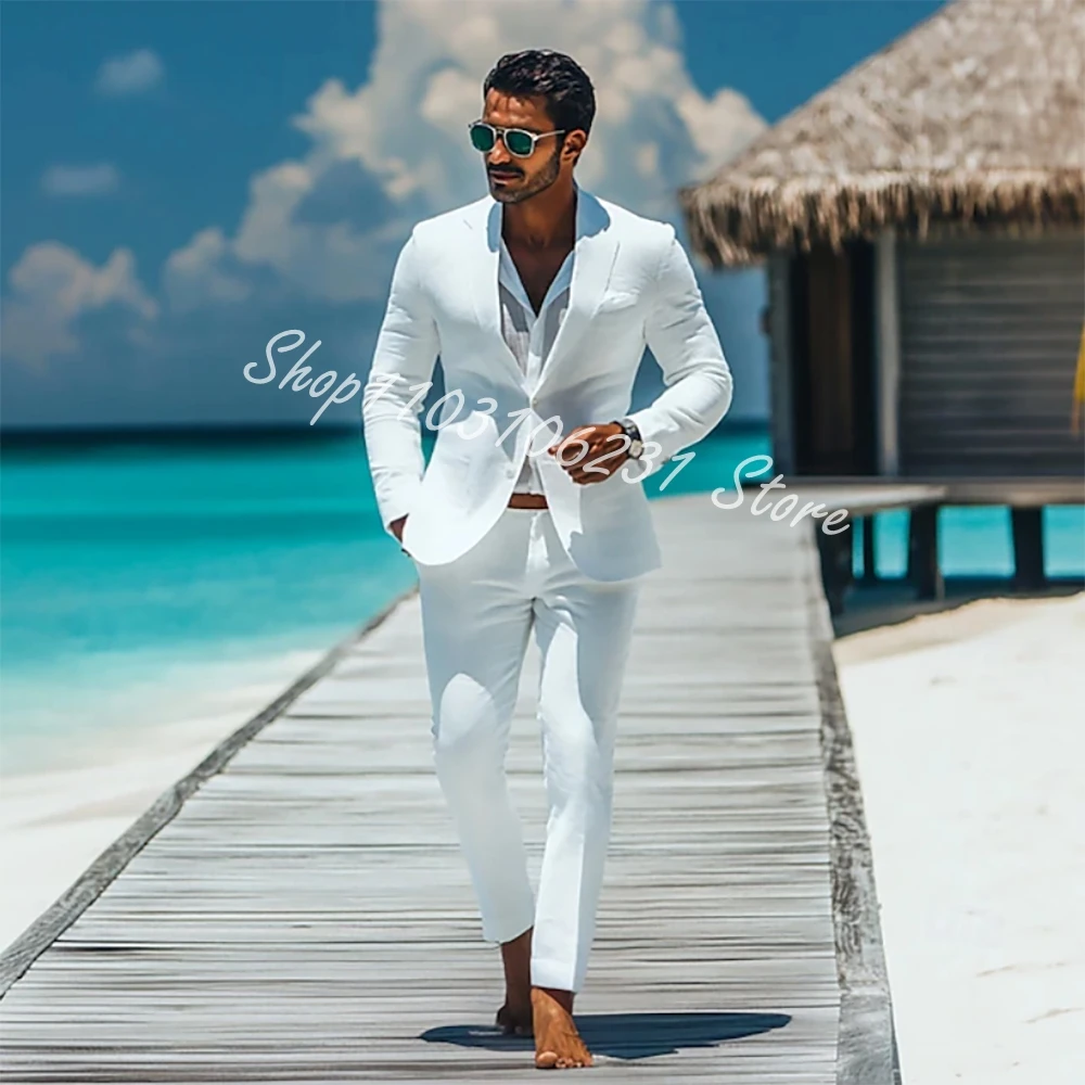 Linen Suit for Men Casual Slim Fit White Suit Jacket Pants Set 2 Pieces Summer Prom Wedding Tuxedos Groomsmen Trajes De Hombre