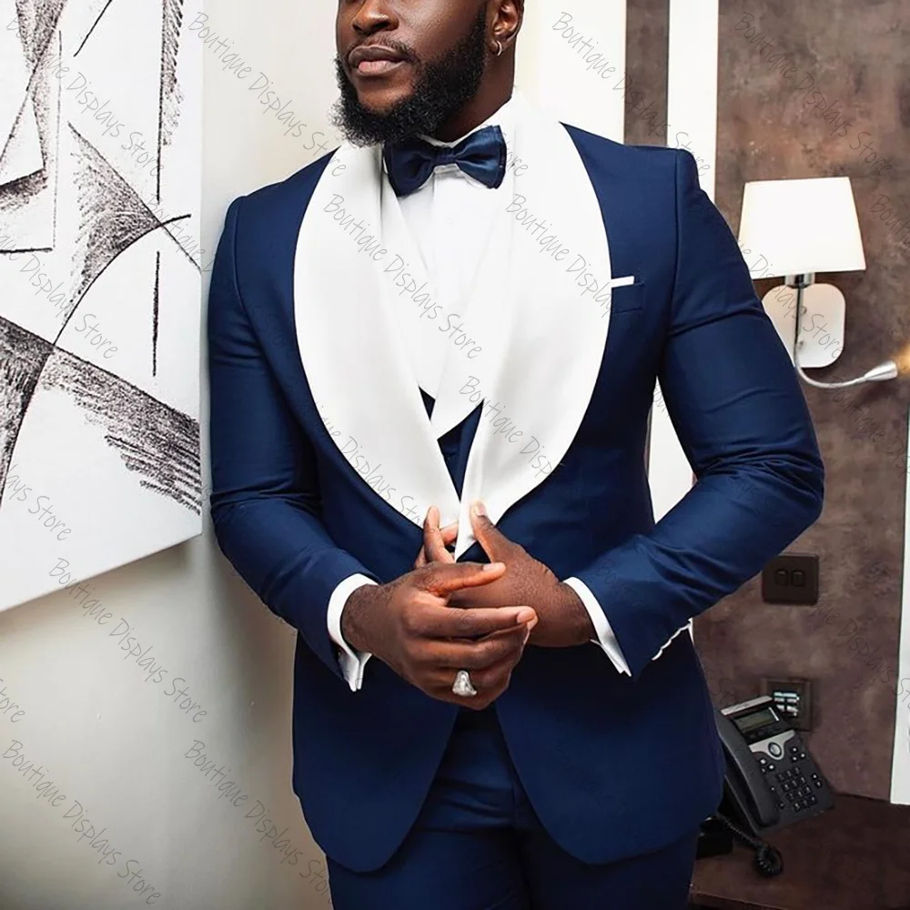 

Fashion Blue Men Suit Single-breasted Peak Lapel 3 Pieces(Jacket+Pants+Vest) Male Formal Wedding Party Set