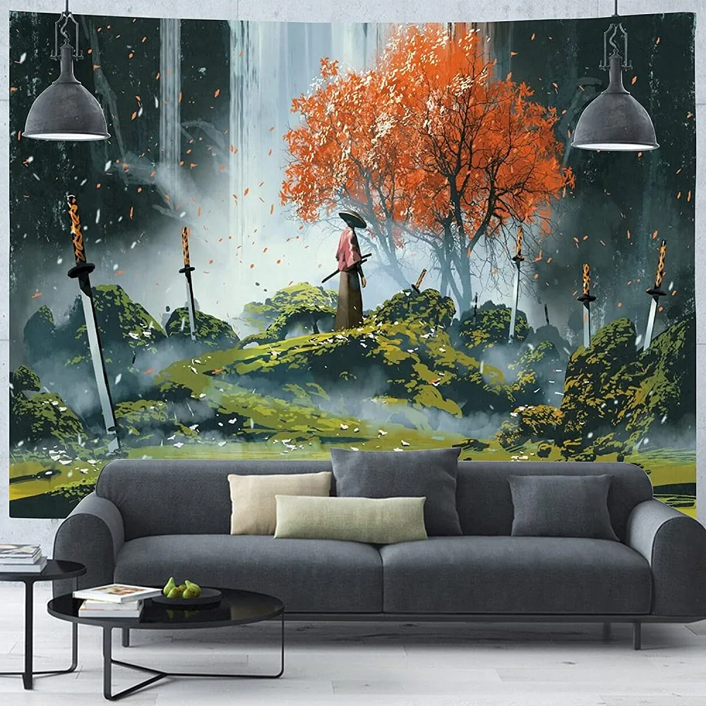 

Fall Leaves Tapestry Autumn Leaves Tree Samurai Art Sword Posters Cool Anime Tapestries Bedroom Living Room Decor Wall Hanging