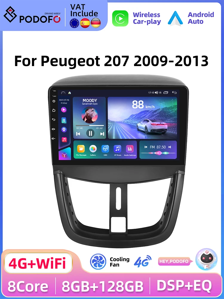 Podofo 4G CarPlay Android Radio For Peugeot 207 2009-2013 Car Intelligent System 2din GPS Stereo autoradio Multimedia Player RDS