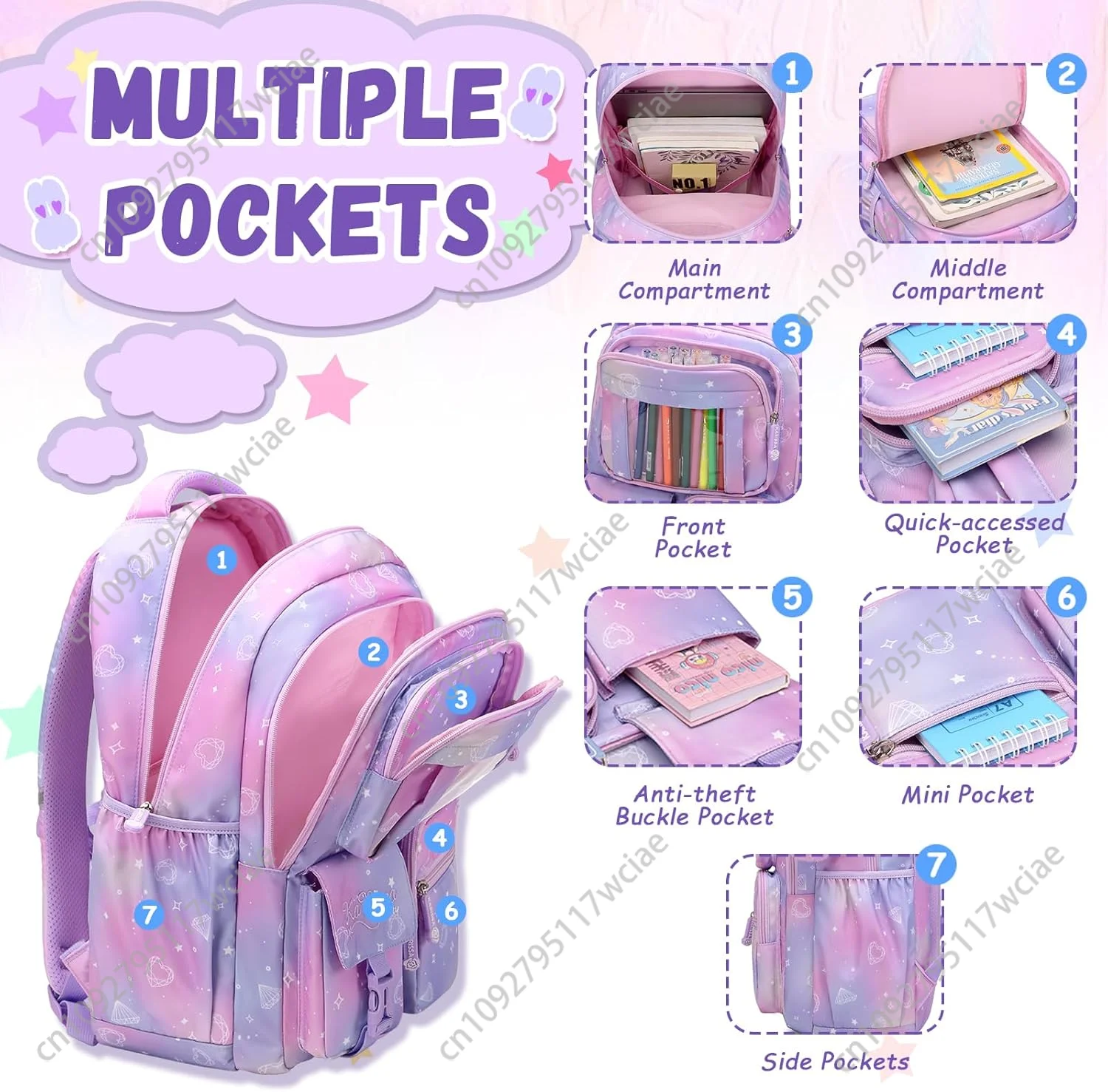 Kids Backpack for Girls - Middle School & Elementary School - Kawaii Ita Backpack - Purple