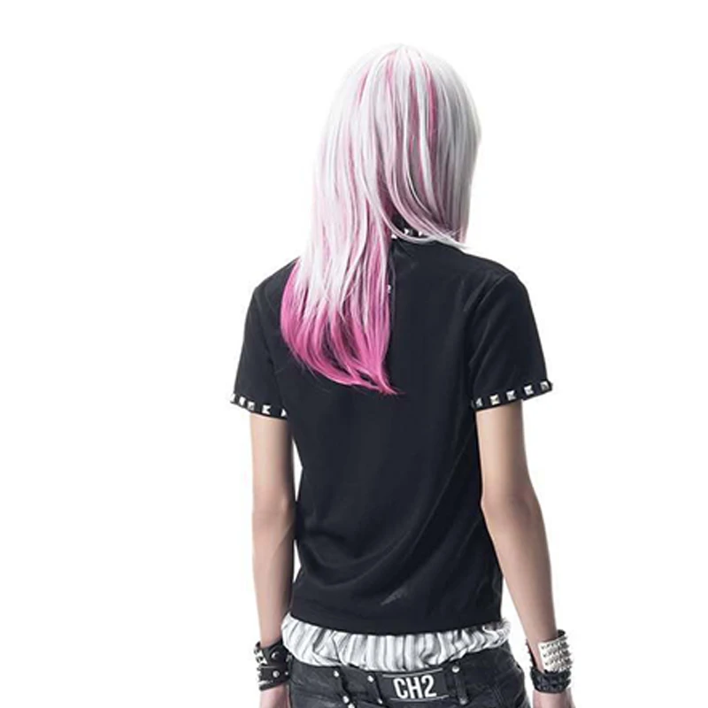 Y2K Streetwear Camiseta con remaches y cuello redondo, Top con estampado de banda Punk Retro oscuro, diseño gótico con estampado Punk Retro