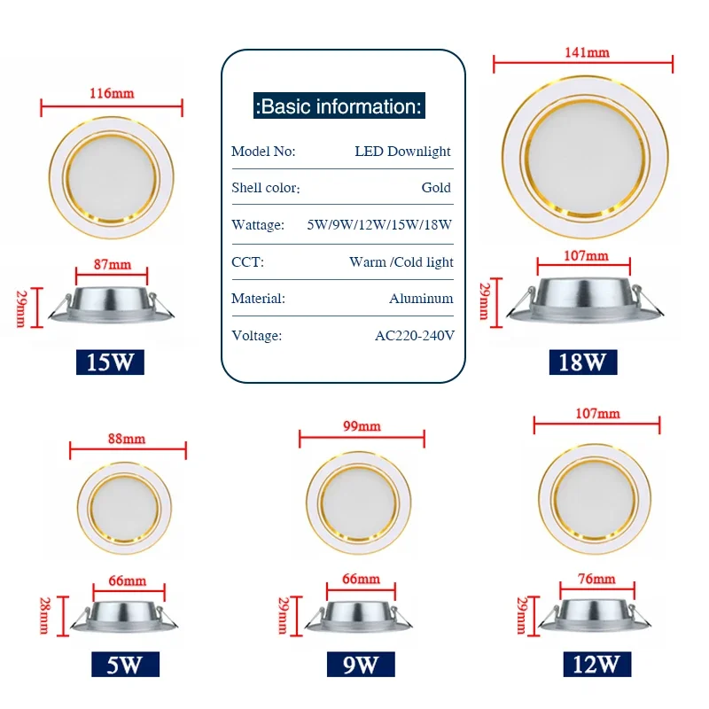 LED Downlight 5W 7W 9W 12W 15W 18W Panel Down Lights Spotlight AC 220V Round Recessed Led Ceiling Lights Cold Warm White Lamp