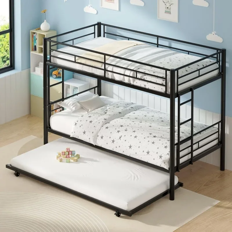 Double Bed with Pulley, Metal Double Bed with Ladder and Full Length Guardrail, No Noise, No Need for Springs