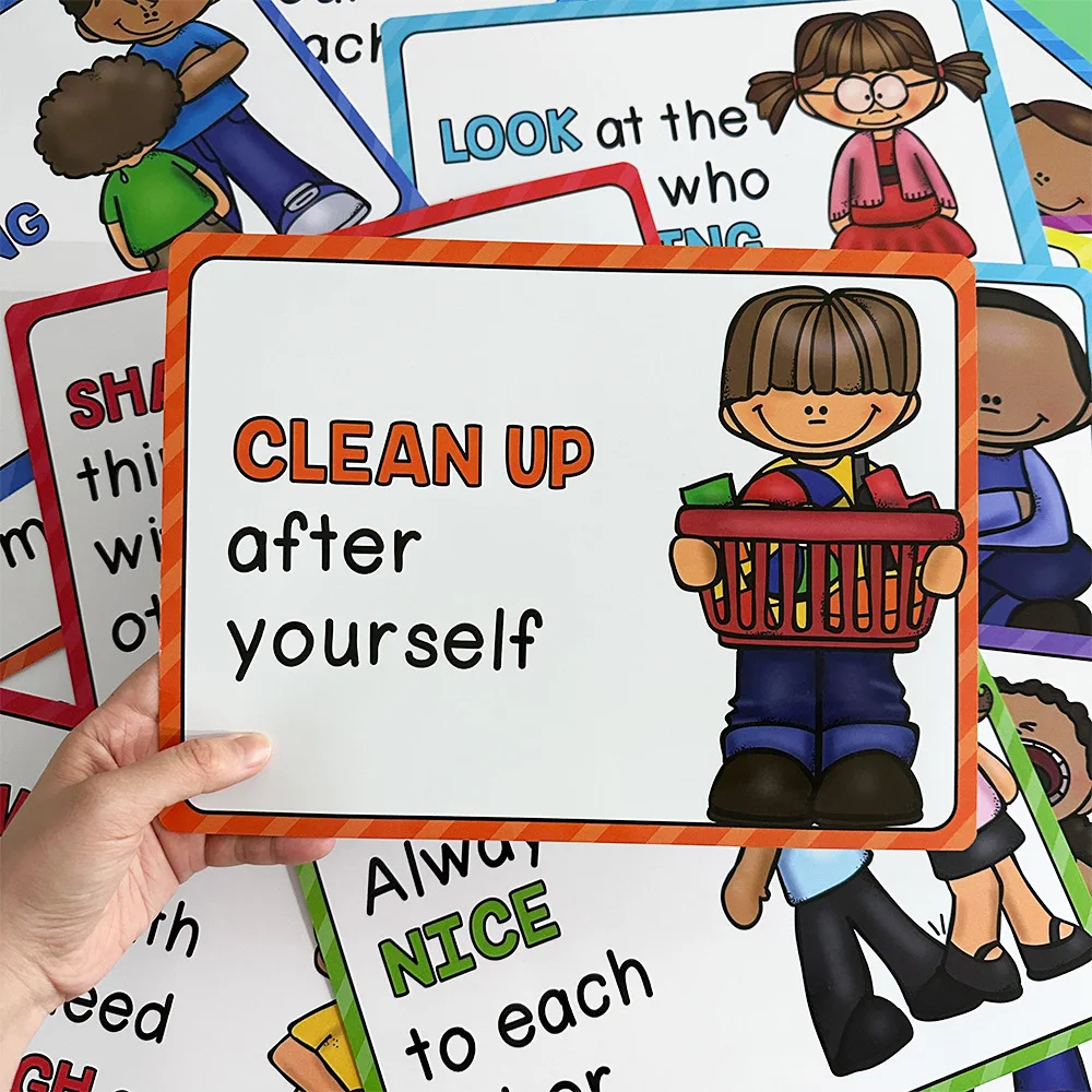 15Pcs Classroom Rules Educational Posters for Preschool Home Classroom Wall Decor Teacher Teaching Aids Montessori
