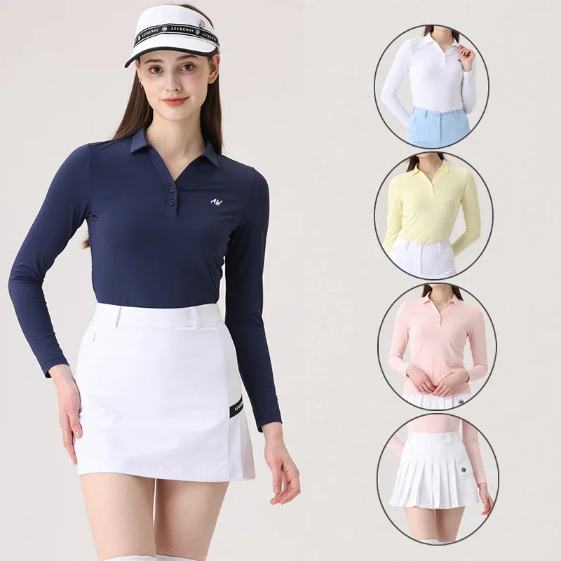 

Azureway Korean Golf Clothing Women Slim Long Sleeve Golf T-shirt Quick-dry V-neck Tops Summer Ladies Skirts with Inner Shorts