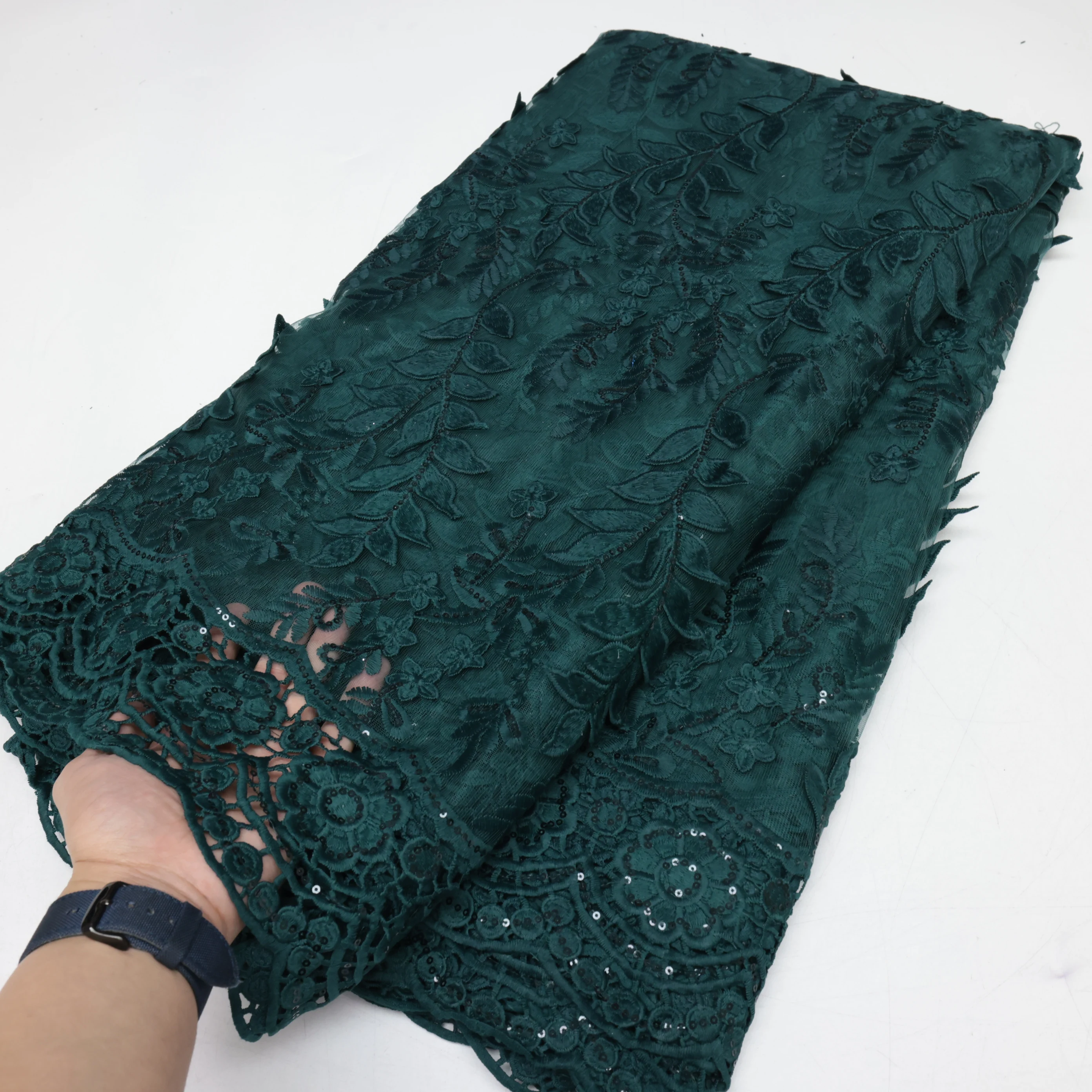 2024 Green Sequins Design African Net Lace Fabric With Applique Sewing French Nigerian Mesh Laces Fabric For Wedding Dress