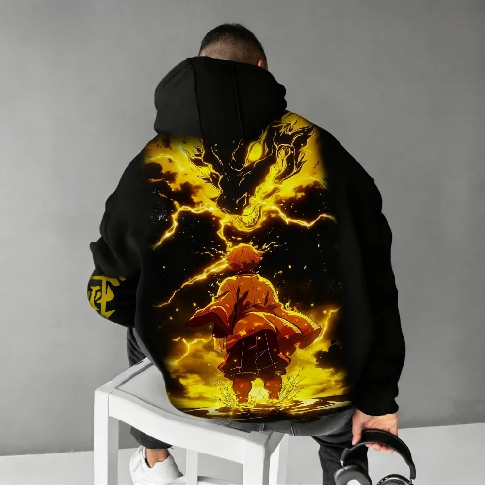 Demon slayer: kimetsu no yaiba moletom com capuz masculino zenitsu agatsuma anime primavera outono menino manga comprida roupa pai-filho