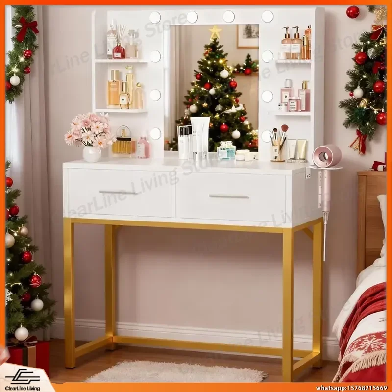 Modern Vanity Desk with LED Mirror Makeup Table 2 Drawers Power Outlet Round Holder 3 Color Modes Bulb Bedroom Dressing Table