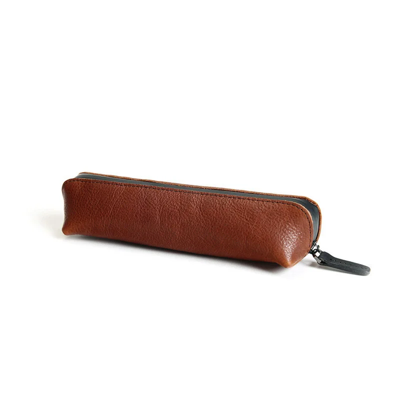 Genuine Leather Cowhide Pen Bag Pencil Bags Holder Vintage Handmade Long Zipper Storage Pouch Case Coin Purse Children Student