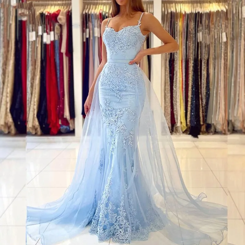 2023 Light Blue Mermaid Prom Dresses Long Sweetheart Appliques Lace Evening Dress 2023 Detachable Tulle Train Formal Party Gowns